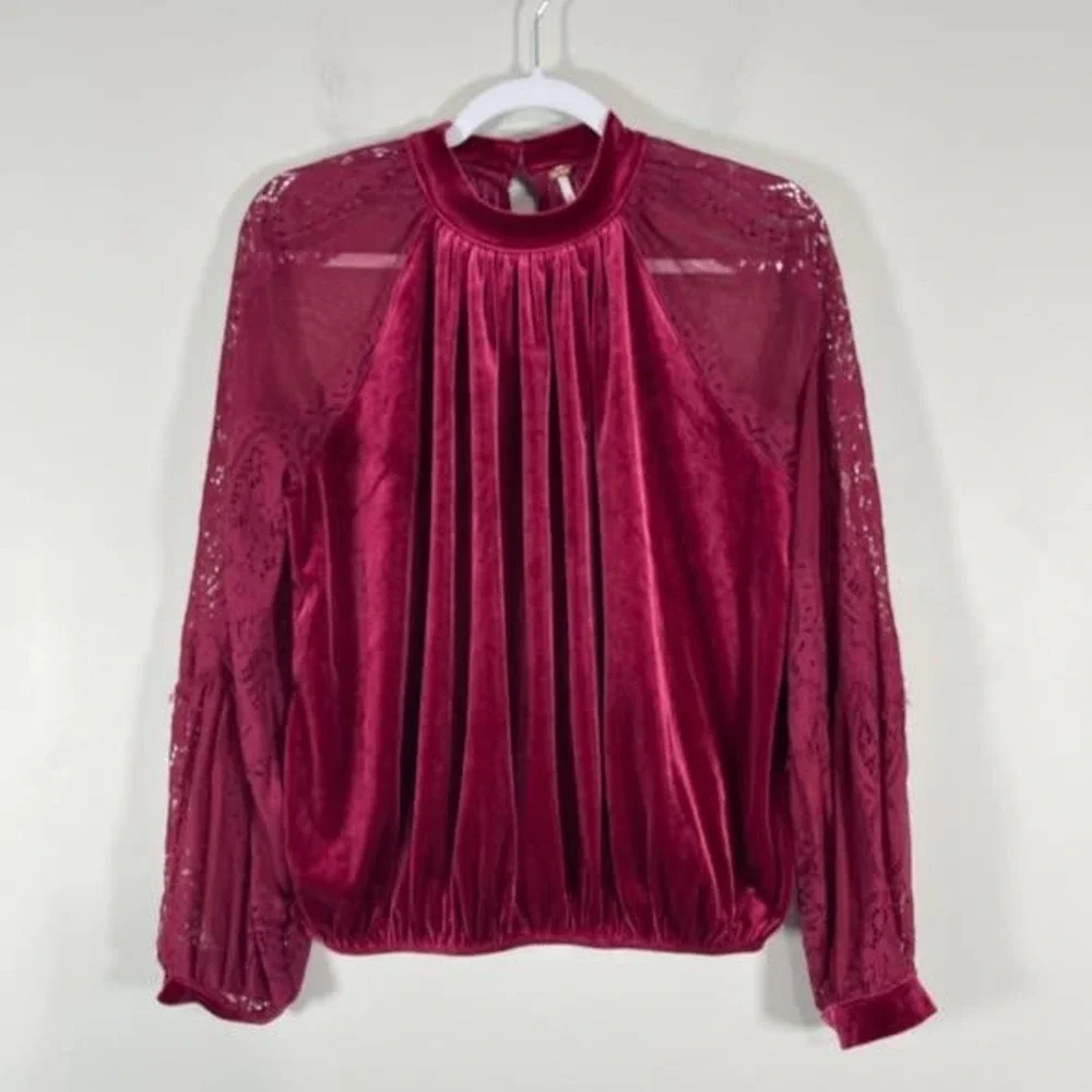 Free People Dream Team Velvet Blouse Wms Medium Raspberry Lace Boho Whimsigoth